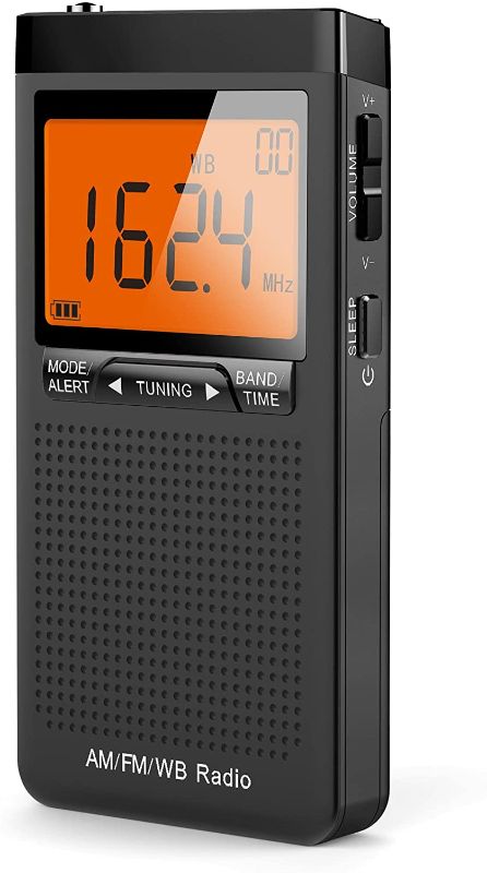 Photo 1 of Maoye AM/FM Weather Alert Radio Portable Transistor NOAA Radio with Best Reception Operated by 2 AAA Batteries Big Digital Screen Stereo Earphone Jack Time Setting Pocket Radio (Black)