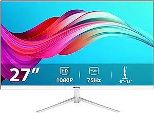 Photo 1 of Wstirhy 27 inch PC Monitor, LED Gaming Monitor with Full HD (1920 x 1080) 75Hz 5MS 75% sRGB IPS Panel, Zero Frame Monitor Desk Monitor with HDMI & VGA Port, for Laptop Computer, White