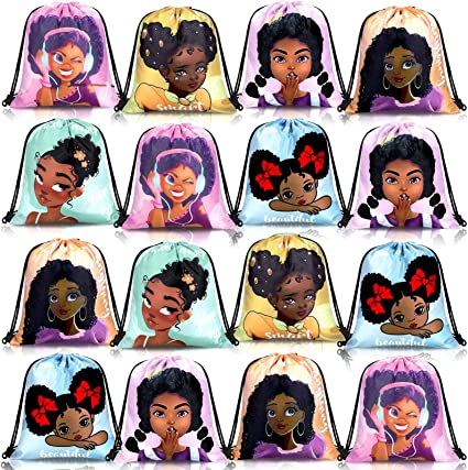 Photo 1 of 18 Pieces African American Black Girl Drawstring Bags Black Girl Themed Backpack Goodie Candy Bags Party Supplies for Kids(Classic Style)
