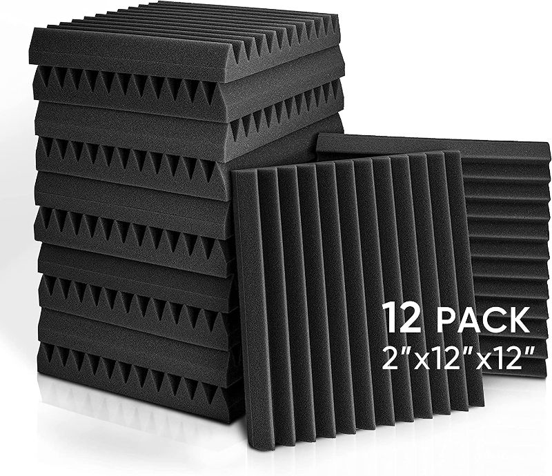 Photo 1 of Acoustic Panels, 2" X 12" X 12" Acoustic Foam Panels, Studio Wedge Tiles, Sound Panels wedges Soundproof Foam Padding Sound Insulation Absorbing (12 Pack, Black)