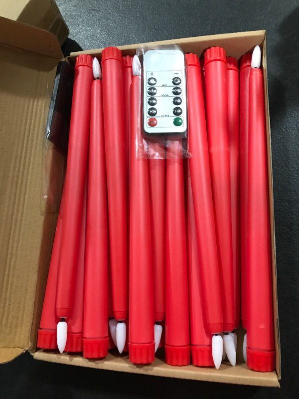 Photo 2 of 24 Pcs Red Flameless Taper Candles Battery Operated with 2 Remote, 11" Realistic Wax Red Candles 3D Wick LED Candlesticks Flickering Window Candles for Home Wedding Home Party Decorations