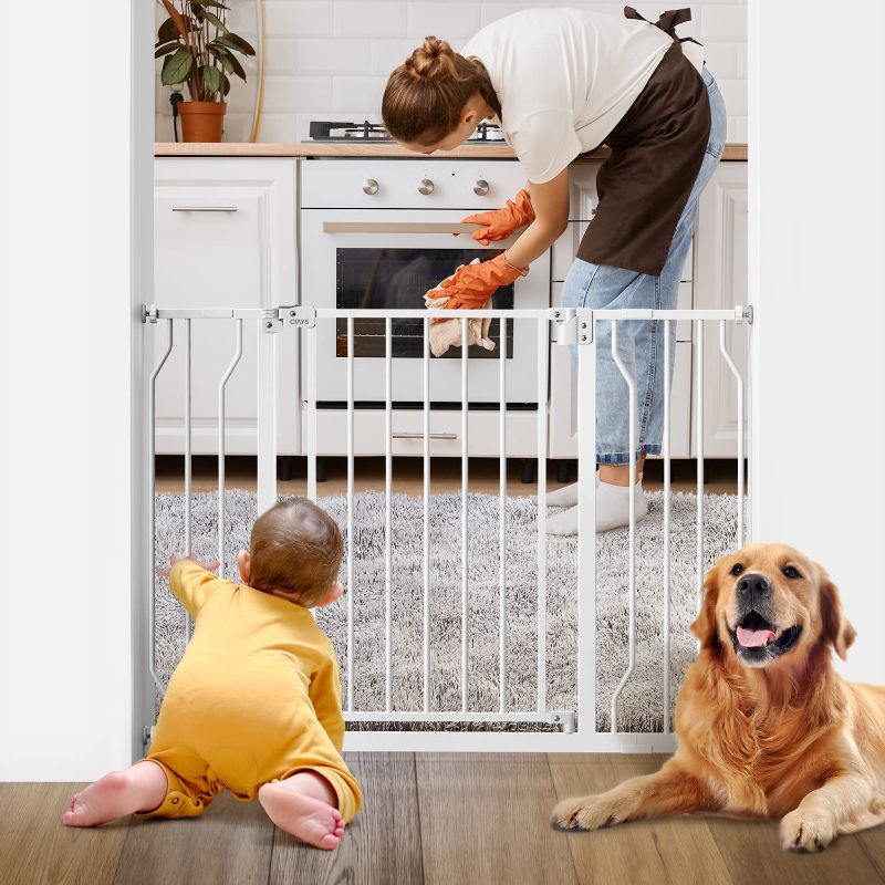 Photo 1 of 29.5” to 45.3” Baby Gate for Stairs Doorways and House, 30” Height Extra Wide Auto-Close Safety Dog Gate for Pets with Secure Alarm, Pressure Mounted, White