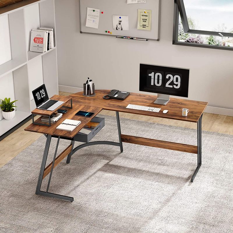 Photo 1 of CubiCubi Modern L-Shaped Desk Computer Corner Desk, Home Office Writing Study Workstation with Small Table, Space Saving, Easy to Assemble (Dark Rustic, 59inch)
