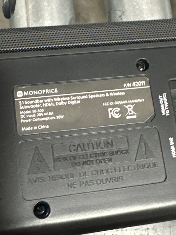 Photo 4 of Monoprice SB-500 Dolby Digital 5.1 Soundbar with Wireless Surround Speakers and Wireless Subwoofer, 2 HDMI Inputs, 4K HDR Pass-Through, Optical, Coax, ARC, Remote