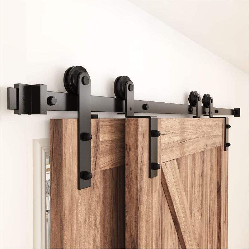 Photo 1 of ZEKOO 4 FT- 12 FT Bypass Sliding Barn Door Hardware Kit, Single Track, Double Wooden Doors Use, Flat Track Roller, One-Piece Rail Low Ceiling (6FT Single Track Bypass)

