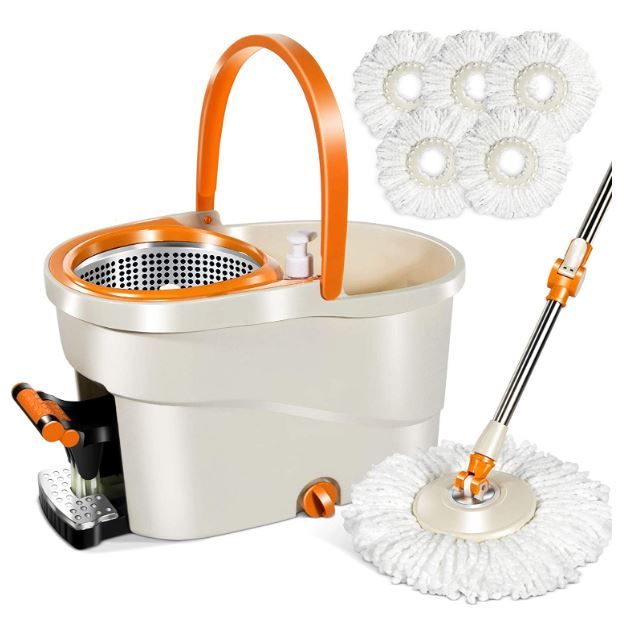 Photo 1 of MASTERTOP Spin Mop and Bucket with Wringer Set, Floor Cleaning System, Easy Wring Foot Pedal, Stainless Steel Mop Handle, 5 Microfiber Refills, Hardwood Laminate Tiles