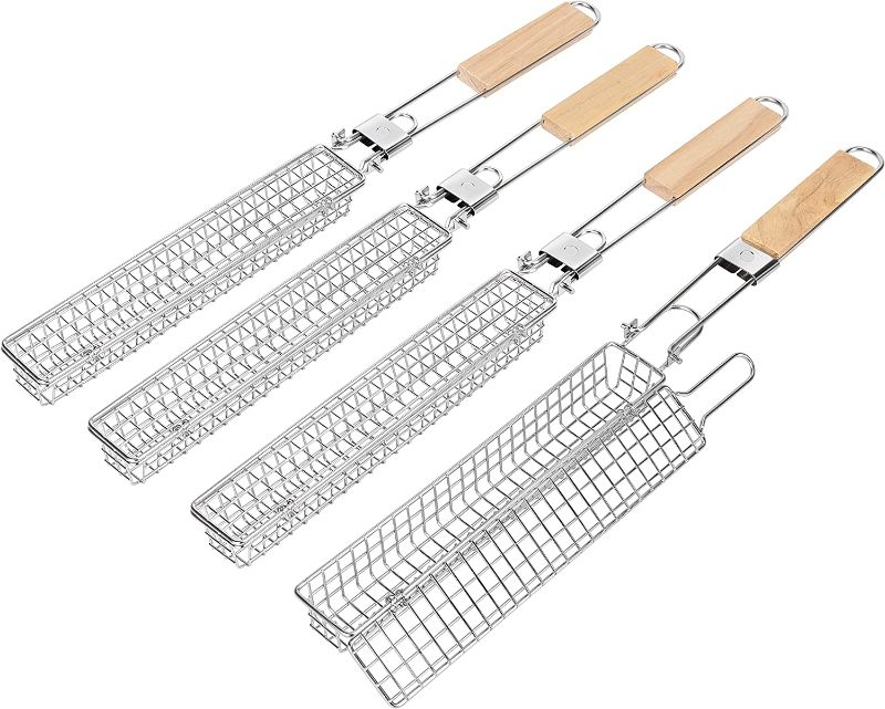 Photo 1 of 4 Packs 22” Extra Long Stainless Steel Kabob Grilling Baskets with Foldable Handle - Easy Lock 0.4” Mesh Grid Not Falling Out Design Grill Basket Set, Kabob Baskets for Grilling Vegetables, Seafood, Meat 