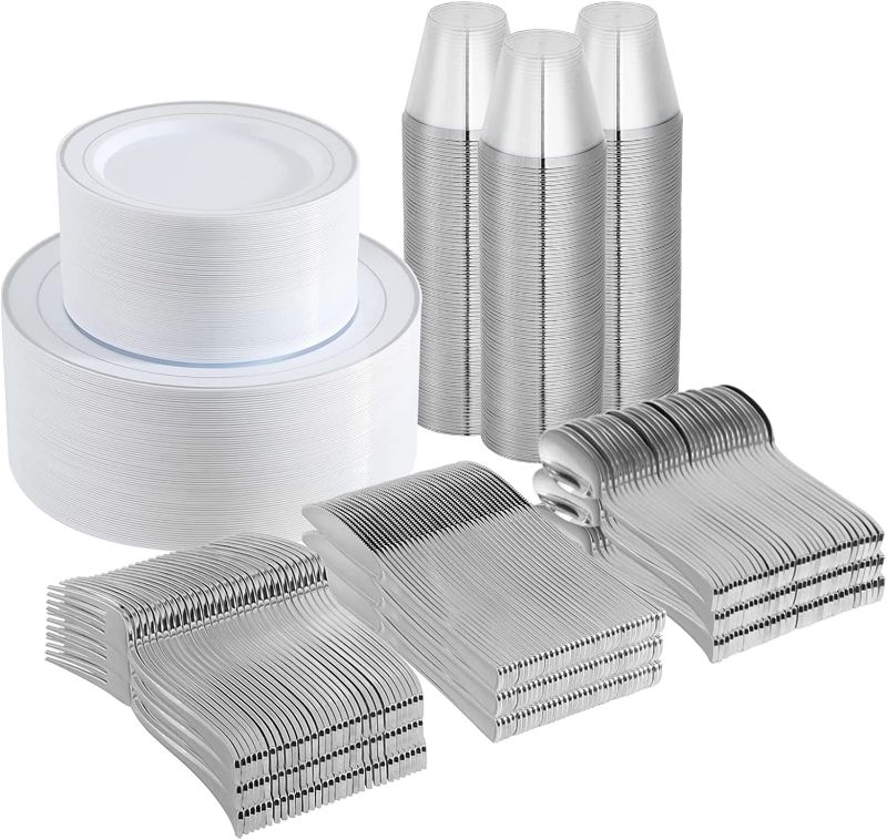 Photo 1 of 600 Piece Silver Dinnerware Set 100 Guests, Disposable Silver Rim Plates, 100 Dinner Plastic Plates, 100 Salad Silver Plates, 100 Silver Plastic Silverware, 100 Plastic Cups Wedding Birthday Parties
