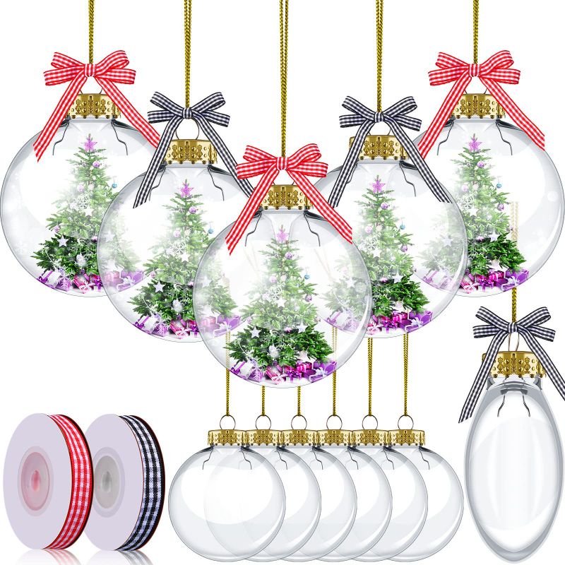 Photo 1 of (2 pack) 3.15 Inch Clear Christmas Plastic Ornament Ball and 20 Yards Gingham Ribbon Clear Fillable Light Bulb Ornament with Removable Cap 