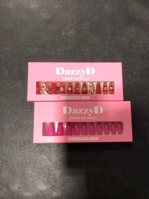 Photo 1 of (2 pack) DazzyD Christmas Red and Pink Press on Nails with Design (24 Pcs) No Glue Needed
