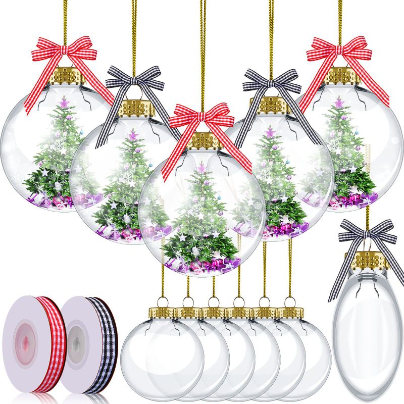 Photo 1 of (2 pack) 3.15 Inch Clear Christmas Plastic Ornament Ball and 20 Yards Gingham Ribbon Clear Fillable Light Bulb Ornament with Removable Cap