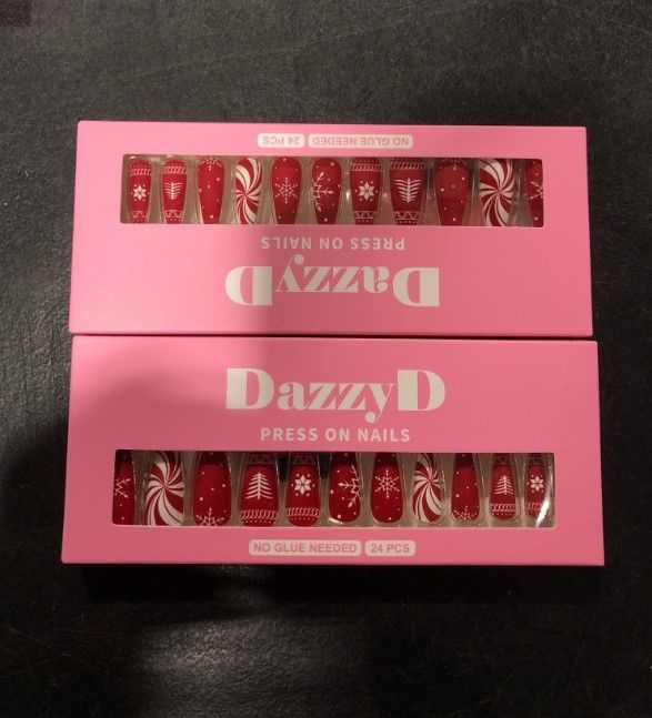 Photo 2 of (2 pack) DazzyD Christmas Red Press on Nails with Design (24 Pcs) No Glue Needed