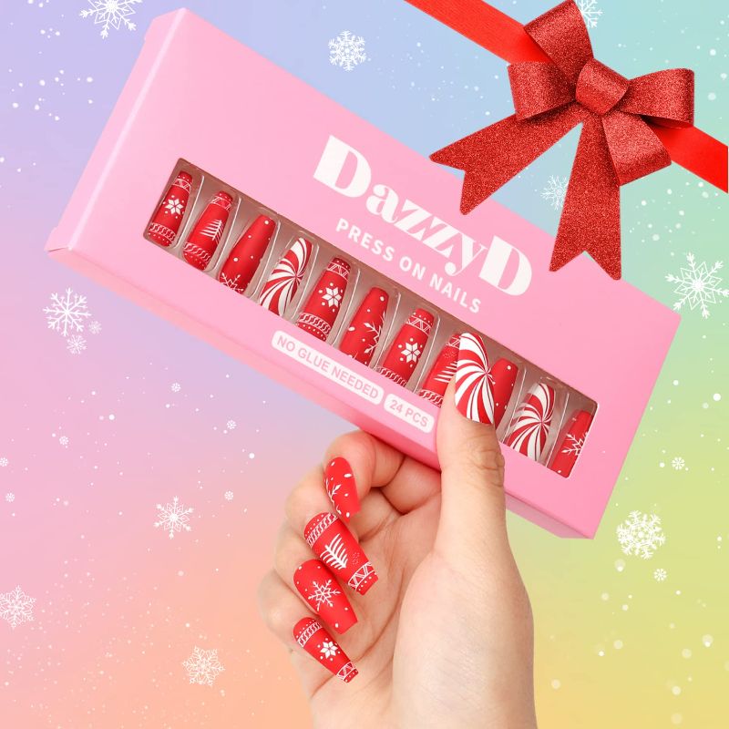 Photo 1 of (2 pack) DazzyD Christmas Red Press on Nails with Design (24 Pcs) No Glue Needed
