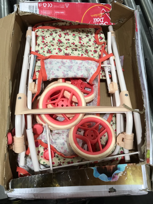 Photo 2 of Baby Doll Stroller for Toddler Girls & Big Kids up to 8 Years Old | 28” Baby Stroller for Dolls, Toy Baby Stroller with Cute Coral Floral Print, Mesh Storage Basket, Canopy, Handle Grips, Rubber Tires