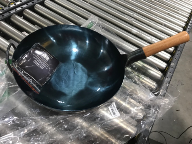 Photo 2 of YOSUKATA Blue Round Bottom Wok Pan – 14" Woks and Stir Fry Pans - Chinese Hammered Pow Wok Carbon Steel Wok - Traditional Chinese Japanese Woks - Blue Steel Wok (14", Blue)
