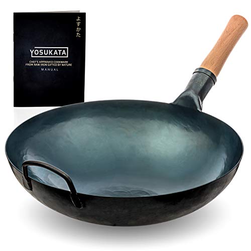 Photo 1 of YOSUKATA Blue Round Bottom Wok Pan – 14" Woks and Stir Fry Pans - Chinese Hammered Pow Wok Carbon Steel Wok - Traditional Chinese Japanese Woks - Blue Steel Wok (14", Blue)
