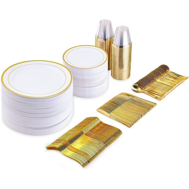 Photo 1 of .Vplus [300 Pack] Gold Rim Plastic Dinnerware Sets, Plastic Plate Sets (50 Guests)
