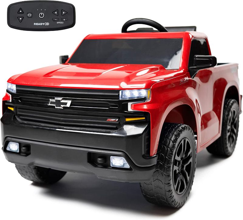Photo 1 of 12V Chevy Silverado Ride On Truck with HIGH Speed Mode (5 MPH) & Parent Remote Control, Kid's Battery Powered Licensed Electric Vehicle, LED Lights, Real Tailgate, & Truck Sounds, by ReadyGO - Red
