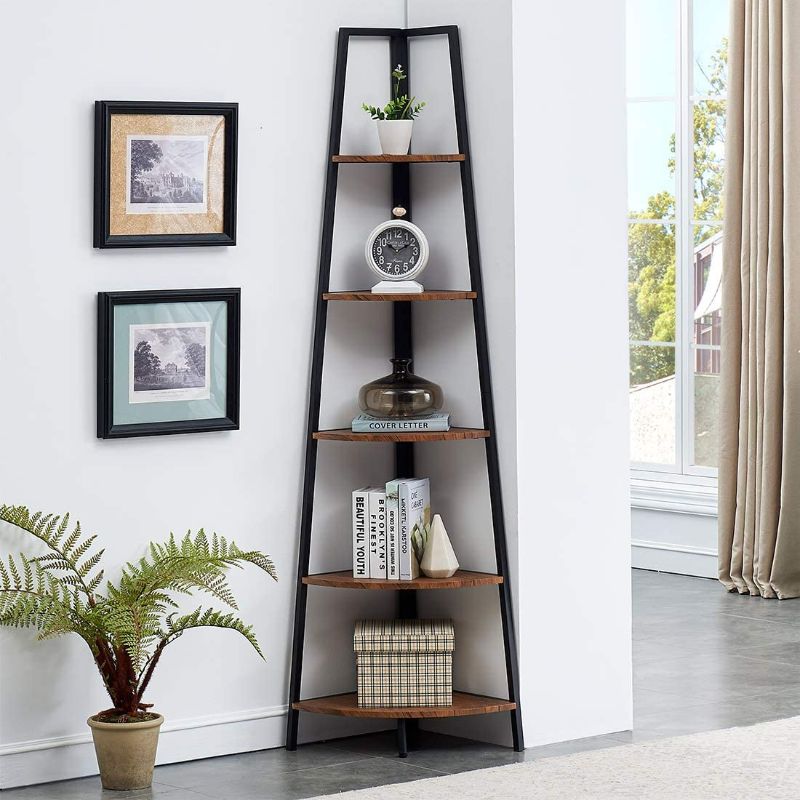 Photo 1 of  O&K FURNITURE Industrial Tall Corner Bookshelf, 5 Tier Corner Display Unit Shelves, Brown Finish 