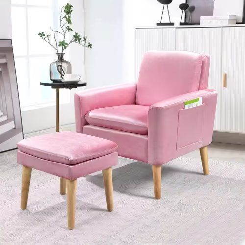 Photo 1 of ALIMORDEN Modern Club Chair with Footrest Ottoman, Single Padded Sofa Armchair, Accent Tufted Button Vanity Chair, Upholstered Lounge Seat, Reading Chair for Living Room, Bedroom, PINK, CHAIR STYLE DIFFERS FROM STOCK IMAGE SLIGHTLY