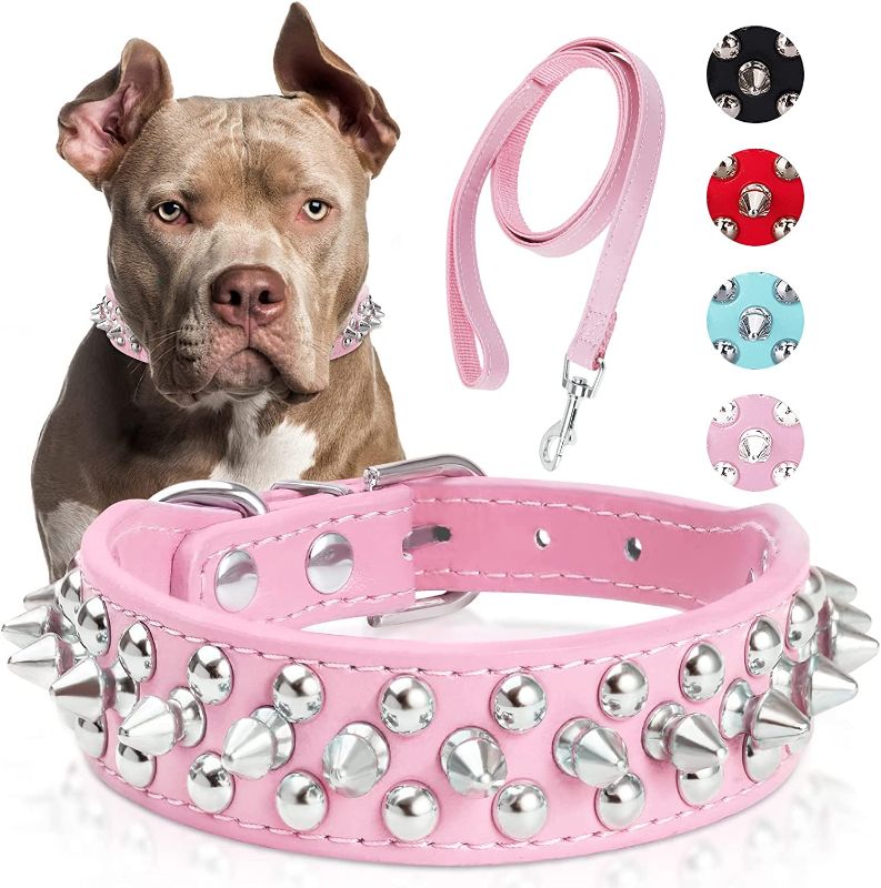 Photo 1 of ???????? ??????? Spiked Studded Leather Dog Collar with Leash, Epesiri Rivet PU Leather Dog Collars for Pit Bull, Durable Leather Cat Collar Spiked Studded for Small Medium Large Pet
