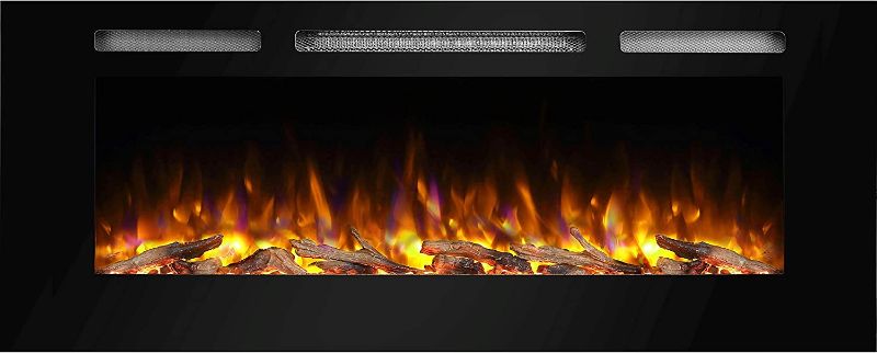 Photo 1 of  50 Inches Recessed Electric Fireplace, Flush Mounted for 2 X 6 Stud, Log Set & Crystal, 1500W Heater, Black
