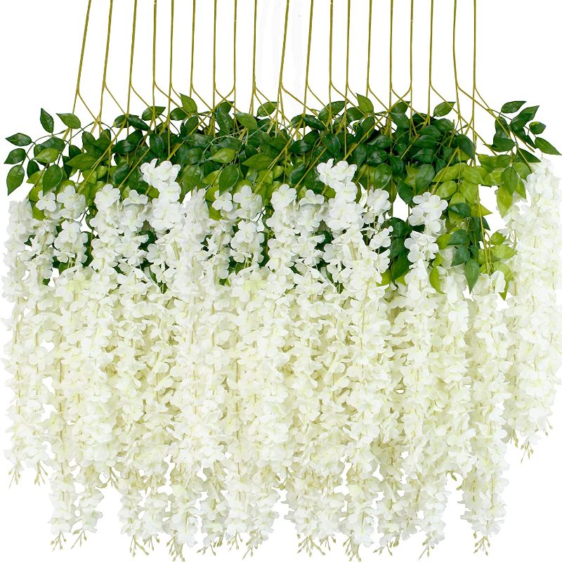 Photo 1 of 12Pcs Artificial Wisteria Flowers 3.6 Feet/Piece White Dense Artificial Fake Wisteria Vine Ratta Hanging Garland Silk Flowers String Home Party Wedding Decor(White-Dense)
