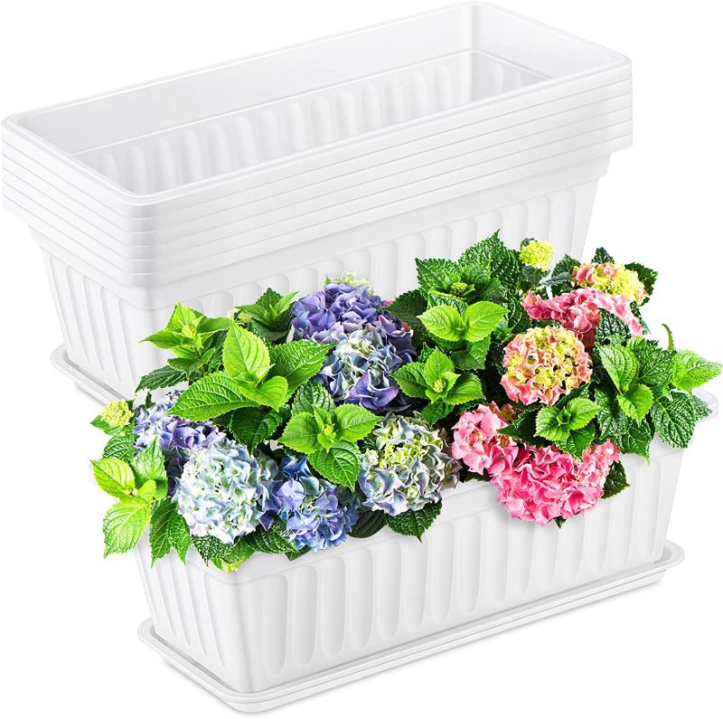 Photo 1 of 18 Pack Window Planter Box 17 Inches White Planter Boxes Plastic Rectangle Vegetable Flower Planter Boxes with Tray Indoor and Outdoor Flower Pots for Windowsill, Patio, Porch, Garden, Balcony 