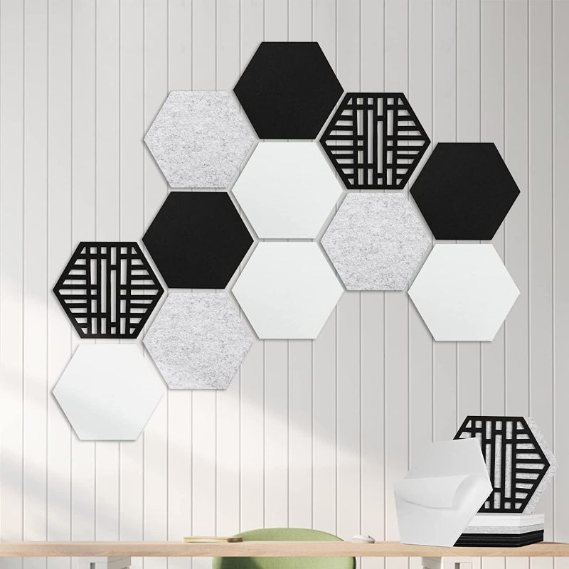 Photo 1 of 12 Pack Self-adhesive Acoustic Panels, Hexagon Sound Proof Panels, 14 X 12 X 0.4 In Sound Absorbing Panels, Flame Resistant, High-Density Sound Dampening Panels for Recording Studio Home, Offices 