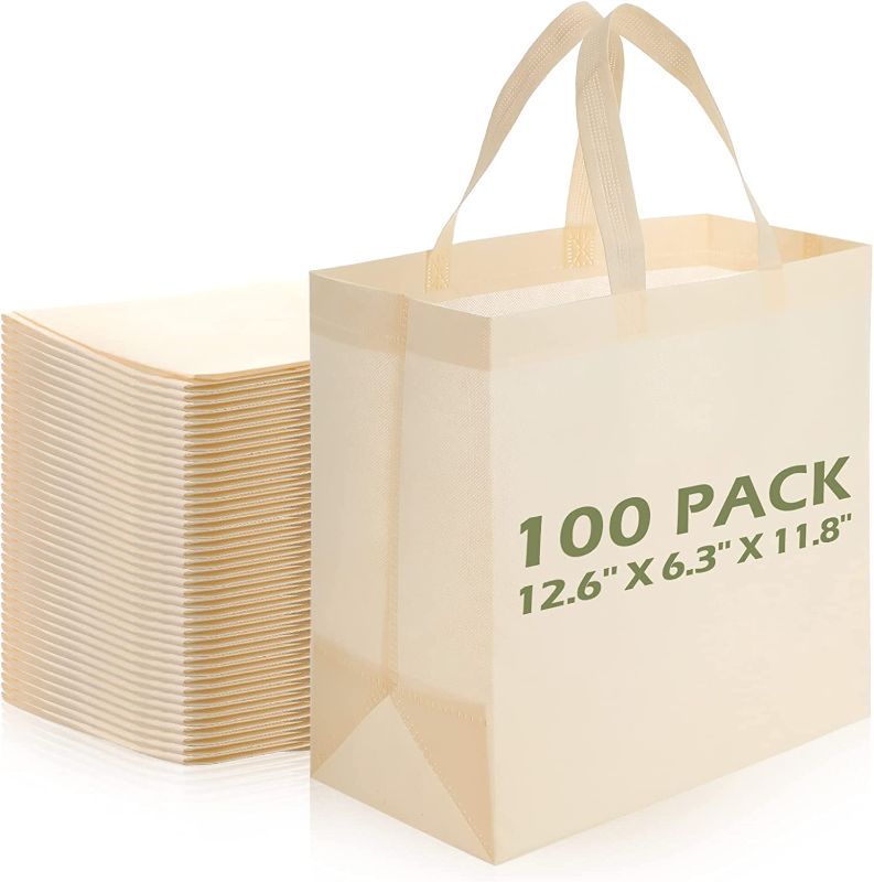 Photo 1 of 100 Pieces Reusable Totes Bag Set Non Woven Grocery Bag with Handles Fabric Portable Tote Bag Bulk(Beige)