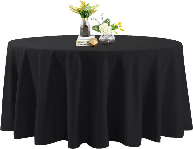 Photo 1 of  Waterproof Round Tablecloth, 120 Inch, Stain Resistant and Wrinkle Polyester Table Cloth, Fabric Table Cover for Kitchen Dining, Wedding, Party, Holiday Dinner-Black