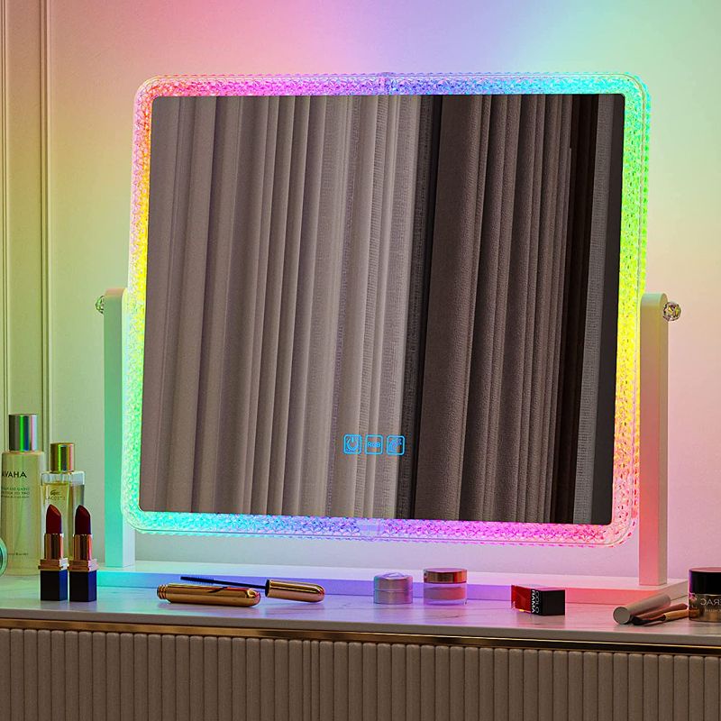 Photo 1 of        LVSOMT LED Vanity Mirror with Lights, Lighted Vanity Mirror for Tabletop, Makeup Mirror, Crystal Acrylic Frame, 7 Color Static Light + Dimmable Brightness, 7 Dynamic Mode + Speed Change, 21"x 23"
