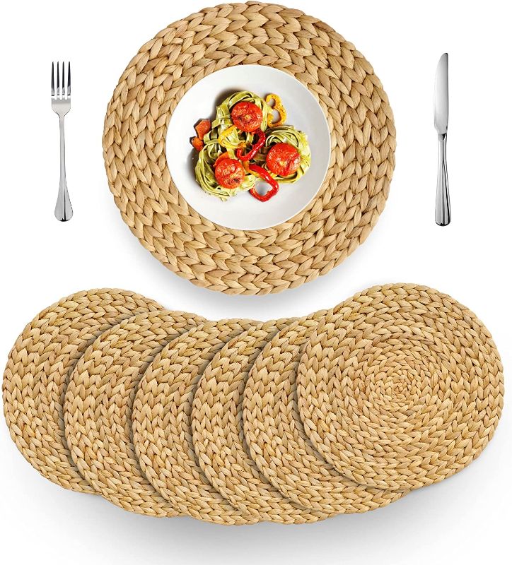 Photo 1 of (4 Sizes: 12"-13"-14"-15") BARIEN Woven Placemats Round Set of 6, Natural Water Hyacinth Weave Placemat for Dining Table, Large Handmade Woven Placemats Heat Resistant Non-Slip (15" - Set of 6)
