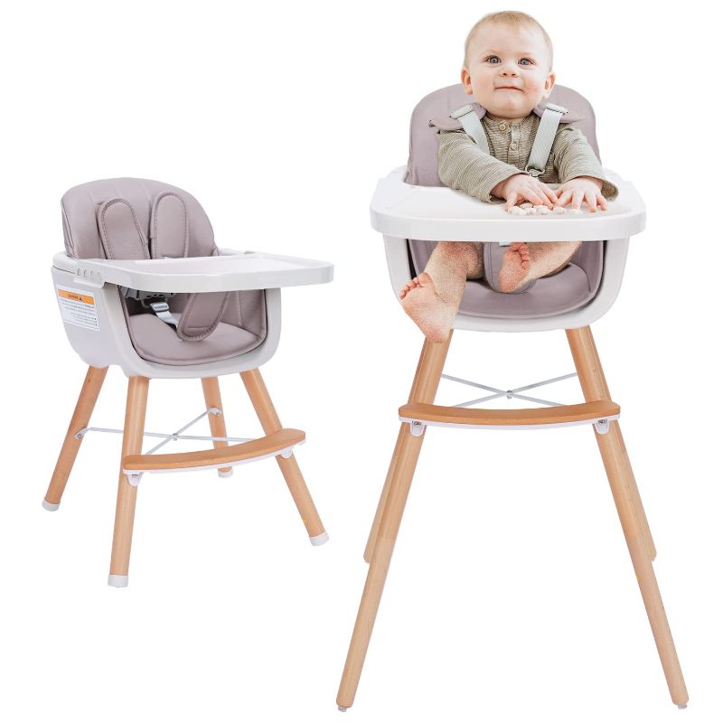 Photo 1 of 3-in-1 Wooden High Chair, Baby HighChair with Adjustable Legs & Dishwasher Safe Tray, Made of Sleek Hardwood & PU Leather , Pink Color