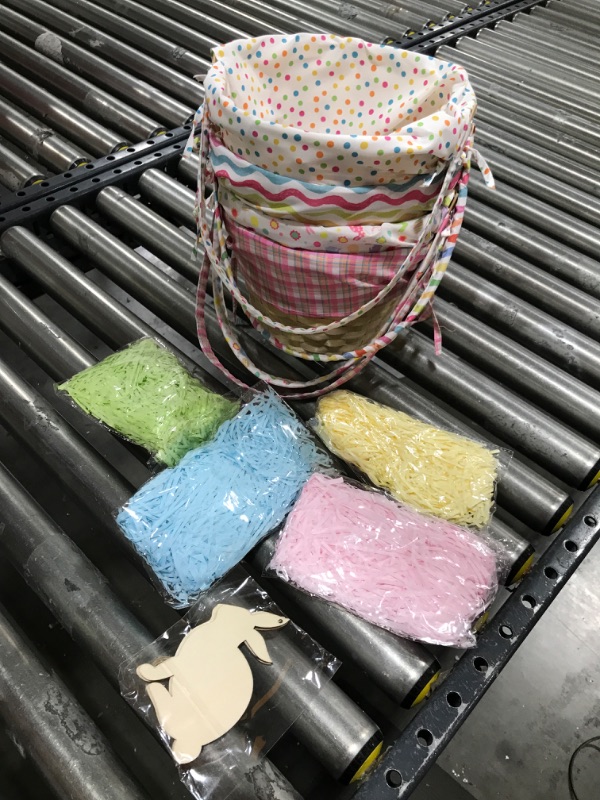 Photo 1 of 4 Pcs Easter Basket Picnic Basket Woven Basket with Handle Wooden Cute Baskets for Wood Basket Picnic Hamper Easter Eggs and Candy Basket with 4 Bags Lafite Grass 4 Pcs Rabbit Wood Chips (Pattern)
