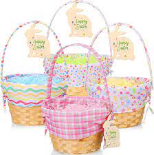 Photo 1 of 4 Pcs Easter Basket Picnic Basket Woven Basket with Handle Wooden Cute Baskets for Wood Basket Picnic Hamper Easter Eggs and Candy Basket with 4 Bags Lafite Grass 4 Pcs Rabbit Wood Chips (Pattern)