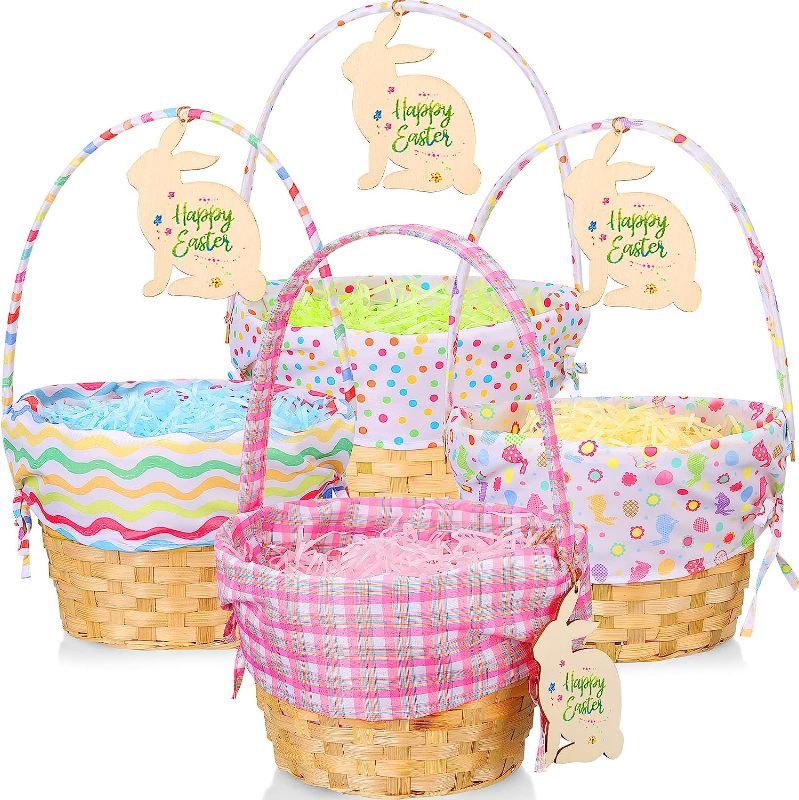 Photo 1 of 4 Pcs Easter Basket Picnic Basket Woven Basket With Handle Wooden Cute Baskets For Wood Basket Picnic Hamper Easter Eggs And Candy Basket With 4 Bags Lafite Grass 4 Pcs Rabbit Wood Chips (Pattern)