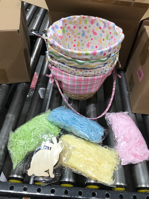 Photo 2 of 4 Pcs Easter Basket Picnic Basket Woven Basket With Handle Wooden Cute Baskets For Wood Basket Picnic Hamper Easter Eggs And Candy Basket With 4 Bags Lafite Grass 4 Pcs Rabbit Wood Chips (Pattern)