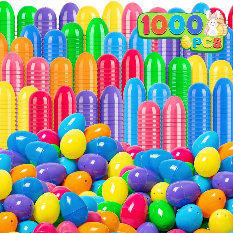 Photo 1 of 1000 PCS Plastic Easter Eggs, 2.4'' Bulk Empty Easter Eggs in 8 Colors, Hinged Fillable Eggs for Easter Egg Hunt, Surprise Eggs, Basket Stuffers Fillers, Easter Party Favor for Kids