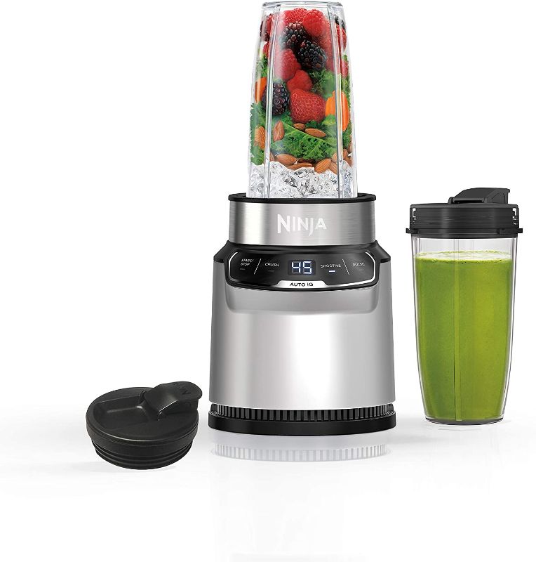 Photo 1 of  Ninja BN401 Nutri Pro Compact Personal Blender, Auto-iQ Technology, 1100-Peak-Watts, for Frozen Drinks, Smoothies, Sauces & More, with (2) 24-oz. To-Go Cups & Spout Lids, Cloud Silver 