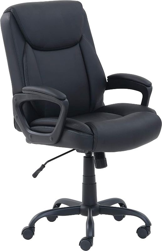 Photo 1 of  Amazon Basics Classic Puresoft PU Padded Mid-Back Office Computer Desk Chair with Armrest, 25.75"D x 24.25"W x 42.25"H, Black 