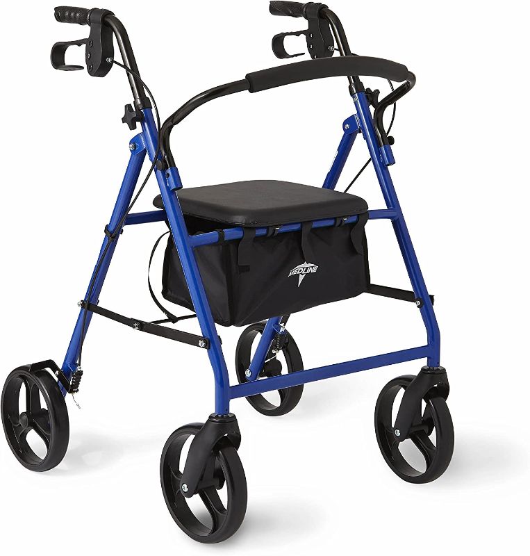 Photo 1 of  Medline Standard Steel Folding Rollator Walker with 8" Wheels, Supports up to 350 lbs, Blue 