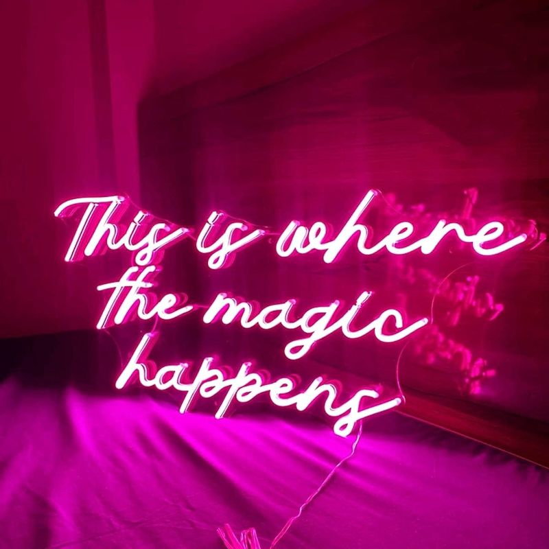 Photo 1 of  Fukemara Large Neon Sign This is Where The Magic Happens Led Neon Sign,Neon Light for Bachelorette Party Birthday Wedding Engagement Party Bar Pub Club Wall Hanging Decoration,Pink,Pink-60x34cm 