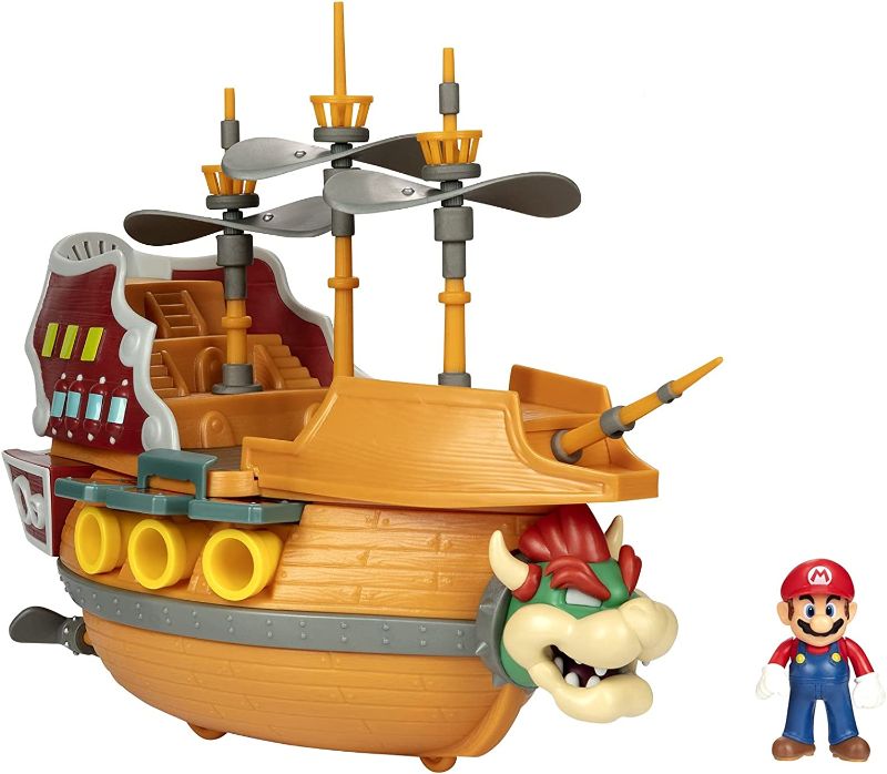 Photo 1 of  Super Mario Deluxe Bowser's Air Ship Playset with Mario Action Figure – Authentic In-Game Sounds & Spinning Propellers 