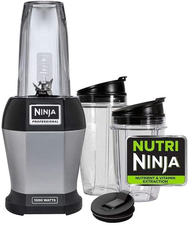 Photo 1 of  Ninja BL455_30 Nutri Professional Personal Blender Bonus Set with 3-Sip & Seal Single Serves(12, 18, and 24 oz. Cups) & 75-Recipe Cookbook, Stainless Steel/Black 