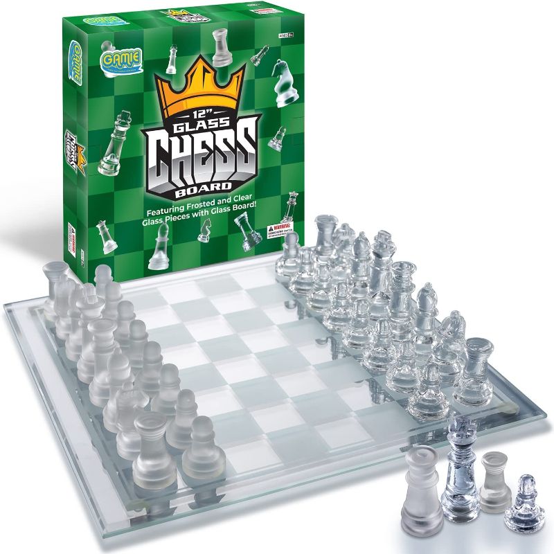 Photo 1 of Gamie Glass Chess Set, Elegant Design - Durable Build - Fully Functional - 32 Frosted and Clear Pieces - Felted Bottoms - Easy to Carry - Reassuringly Stable (12 Inch) 