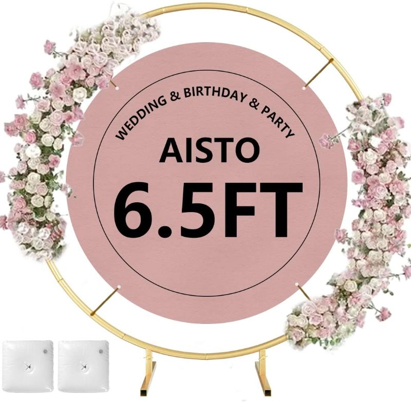 Photo 1 of  Aisto Backdrop Arch Stand 6.5FT Round Balloon Golden Metal Circle Garland Frame with Base for Wedding Birthday Party Baby Shower Graduation Decoration 