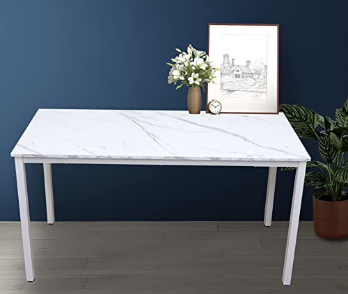Photo 1 of  GL GLOBAL LIFE 55 Inch Computer Desk, Modern Simple Style Desk for Home Office, Study Student Writing Desk, White Metal Frame, Marble Grain Top 