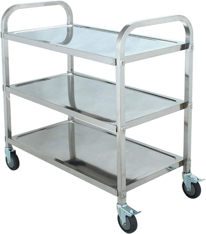 Photo 1 of 3 Tier Stainless Steel Utility Cart with Wheels Rolling Cart with Wheels&Handle Home Bar & Serving Carts for Hotels Restaurant Home Use 200 lb Capacity 37.4x19.7x37.4 inch (LxWxH) 
