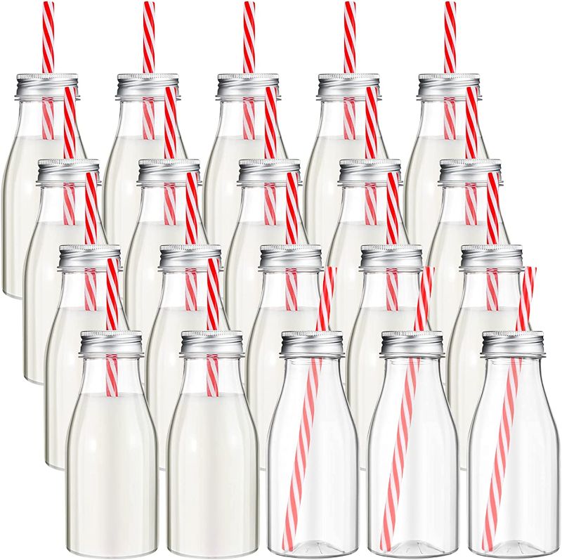 Photo 1 of Yinkin Set of 20 Plastic Milk Bottles with Straws & Silver Metal Lids Clear Plastic Bottle for Dairy Milk, Party Bottle for Milk Juices Shakes Smoothies Cocktails, 20 Bottles and 20 Straws (8 oz)
